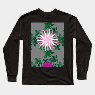 White and Pink, Cerise and Purple Flowers on a Vine Leaf and Mid-Grey background Long Sleeve T-Shirt